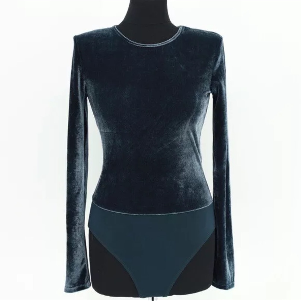 Zara Blue Velvet Bodysuit with Shoulder Pads Size Small